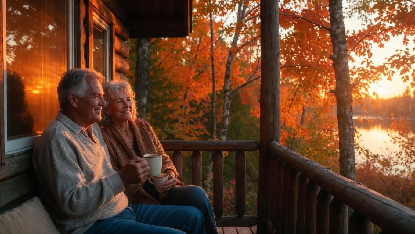 A couple relaxing on a porch surrounded by Minnesota fall foliage — DMW Financial helps clients build steady, reliable income for retirement