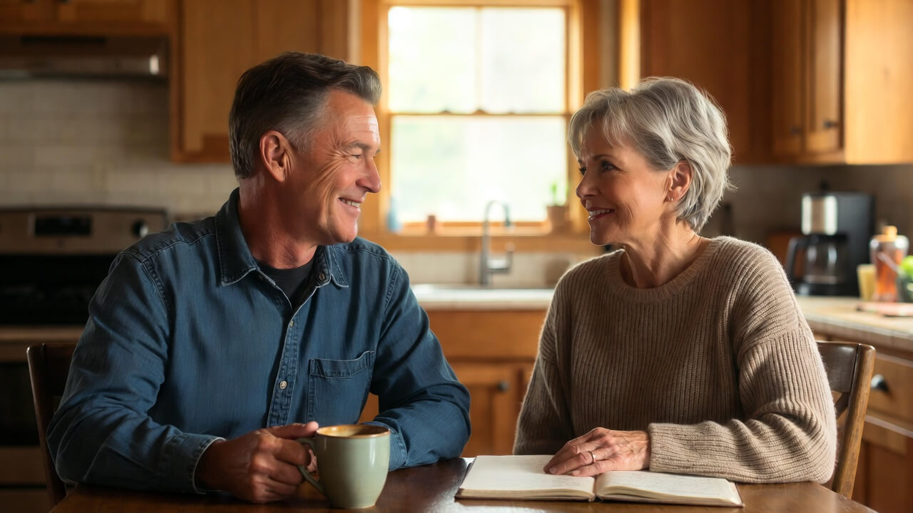 A couple having a relaxed planning conversation at a bright kitchen table — DMW Financial's fee-based financial planning starts with your life, not the numbers