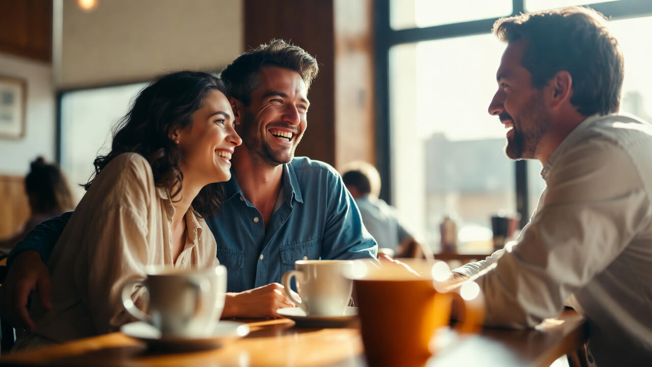 Two people having a warm, relaxed conversation over coffee — the DMW Financial approach to financial planning starts with listening