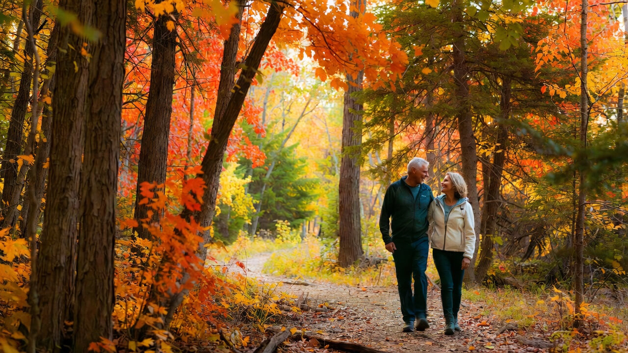 An active couple in their 50s walking a Minnesota trail in fall — DMW Financial works with pre-retirees, professionals, and business owners who want more than just an investment account