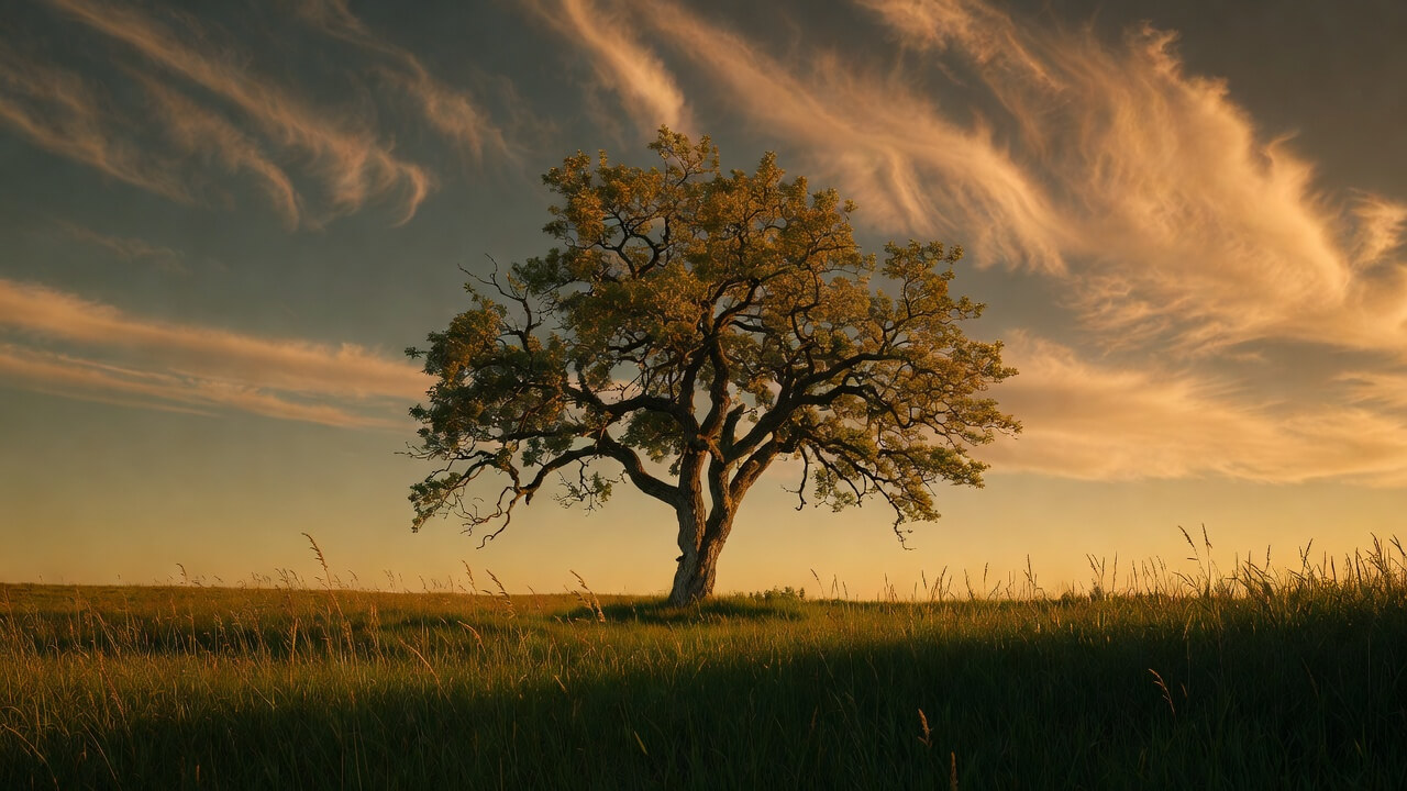 A mature oak tree standing alone in a Minnesota field at golden hour — DMW Financial's investment advisory is built for the long term
